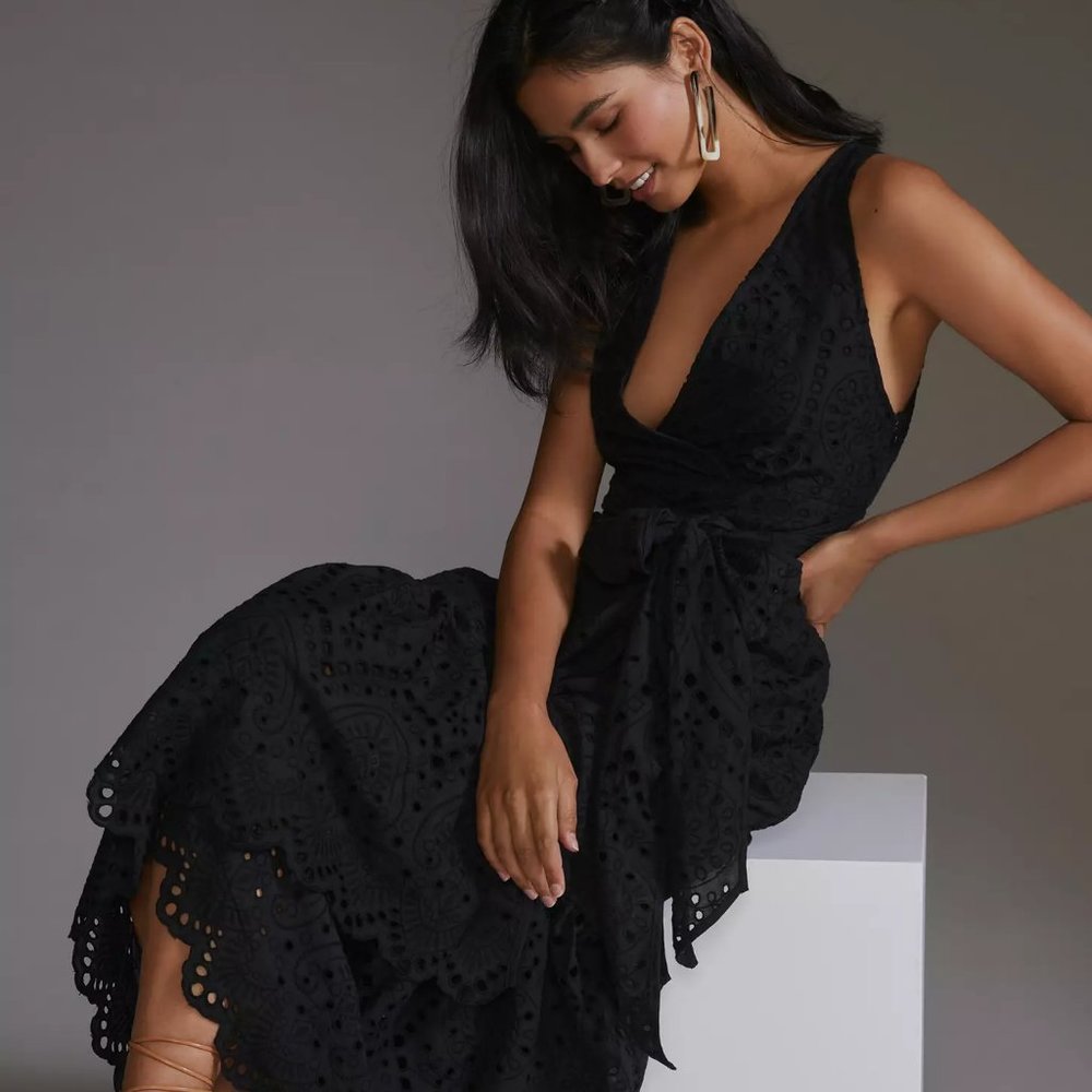 Maeve Eyelet Wrap Midi Dress